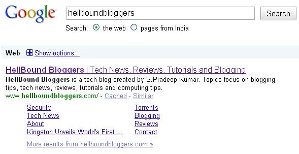 Google created 8 Sitelinks for HellBound Bloggers